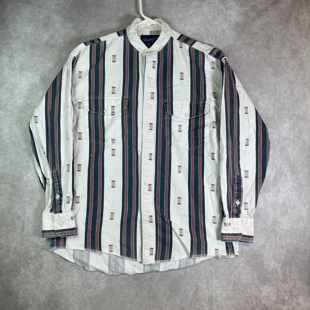 VTG Wrangler Brushpopper Shirt Mens 15.5 33 White Striped Button Up Band Collar